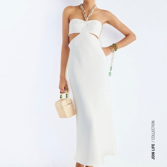 Zara Dresses & Skirts - Zara- cut out White Halter Dress with shell like Chain